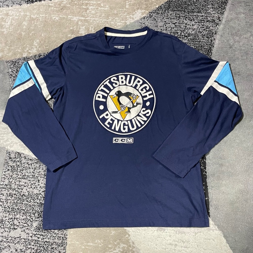 Pittsburgh Penguins CCM Shirt Men Large Navy Blue Long Sleeve NHL Hockey Distres